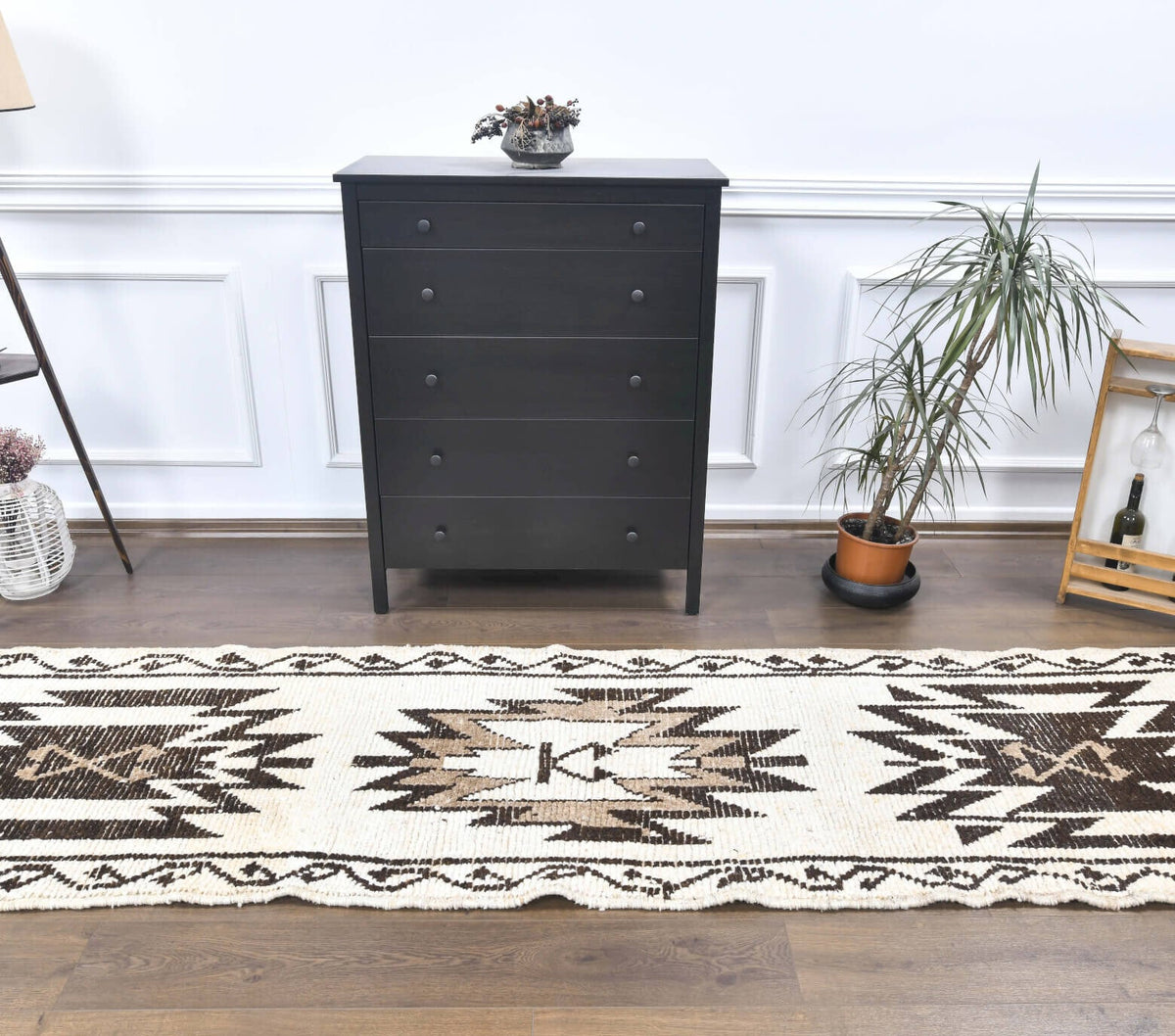 El yapımı vintage yolluk 91x351 cm geometrik desenli yün - detay görünümü