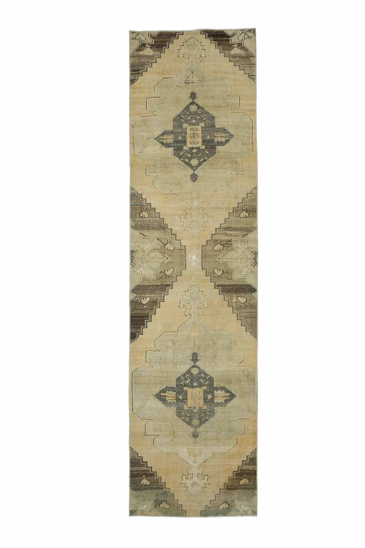 90x350 cm sarı, kahverengi ve turuncu oryantal desenli el dokuma vintage yolluk – üstten tam görünüm