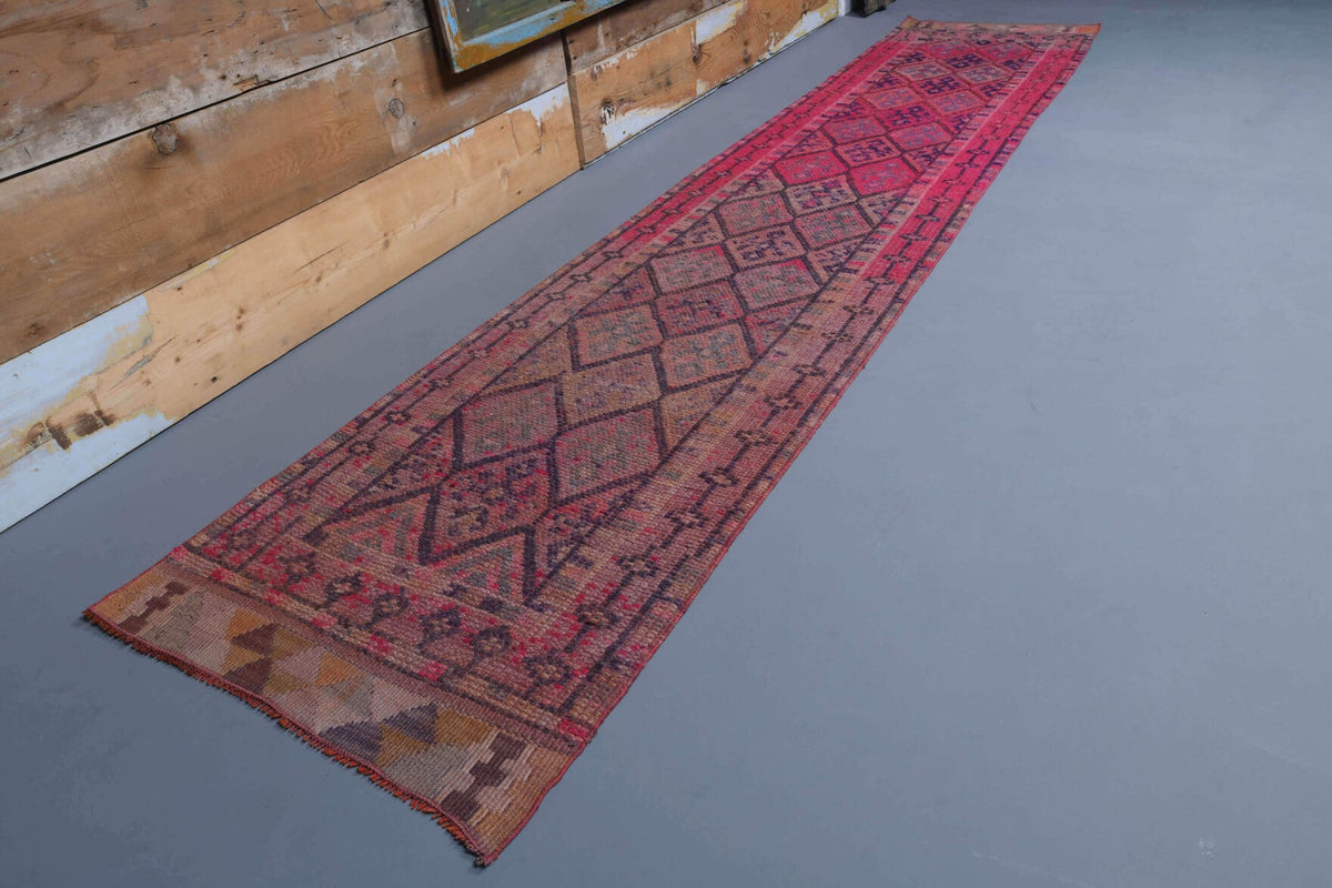 79x373 cm mavi ve kırmızı ikat desenli el dokuma vintage yolluk – üstten tam görünüm