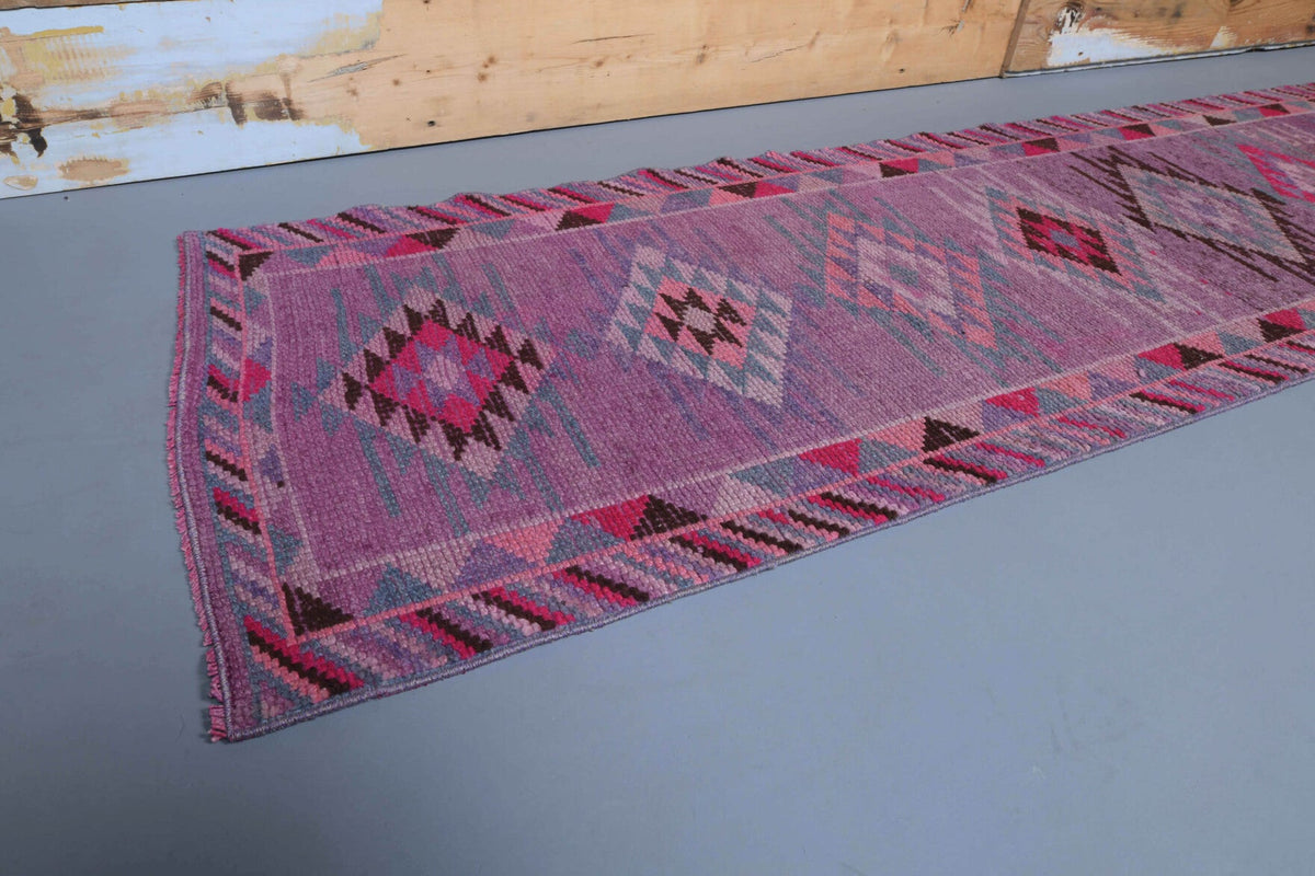 El yapımı vintage yolluk 61x335 cm geometrik desenli yün - yakın çekim doku detayı