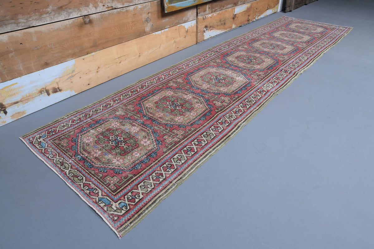 94x364 cm mavi, kırmızı ve turuncu oryantal desenli el dokuma vintage yolluk – üstten tam görünüm