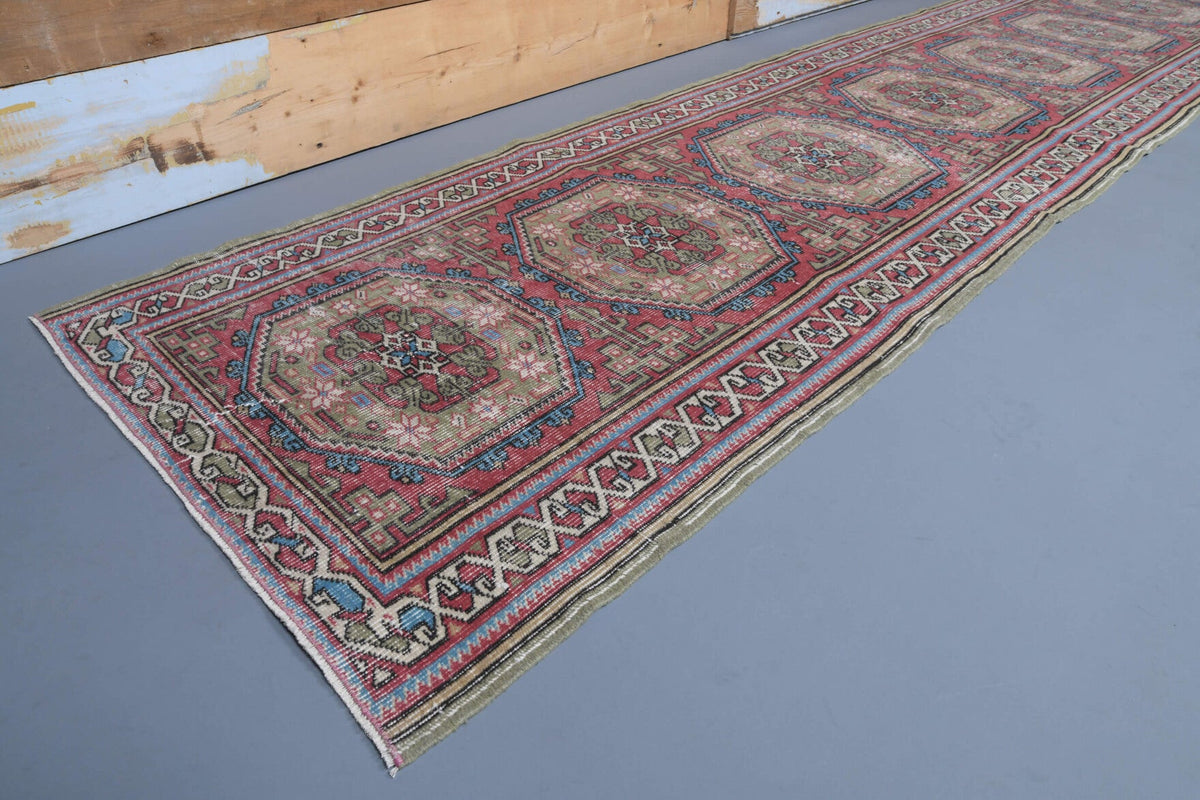 El yapımı vintage yolluk 94x363 cm oryantal desenli yün - yakın çekim doku detayı