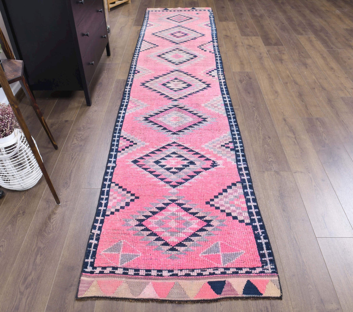 El yapımı vintage yolluk 81x363 cm geometrik desenli yün - detay görünümü