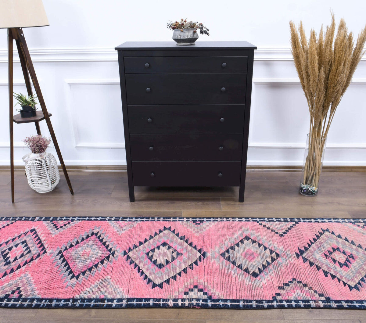 El yapımı vintage yolluk 81x363 cm geometrik desenli yün - yakın çekim doku detayı