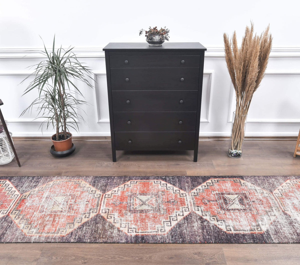 El yapımı vintage yolluk 81x361 cm geometrik desenli yün - detay görünümü