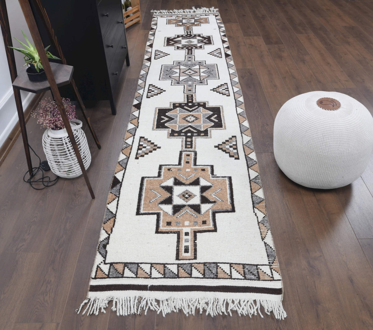 El yapımı vintage yolluk 89x376 cm i̇kat desenli yün - yakın çekim doku detayı