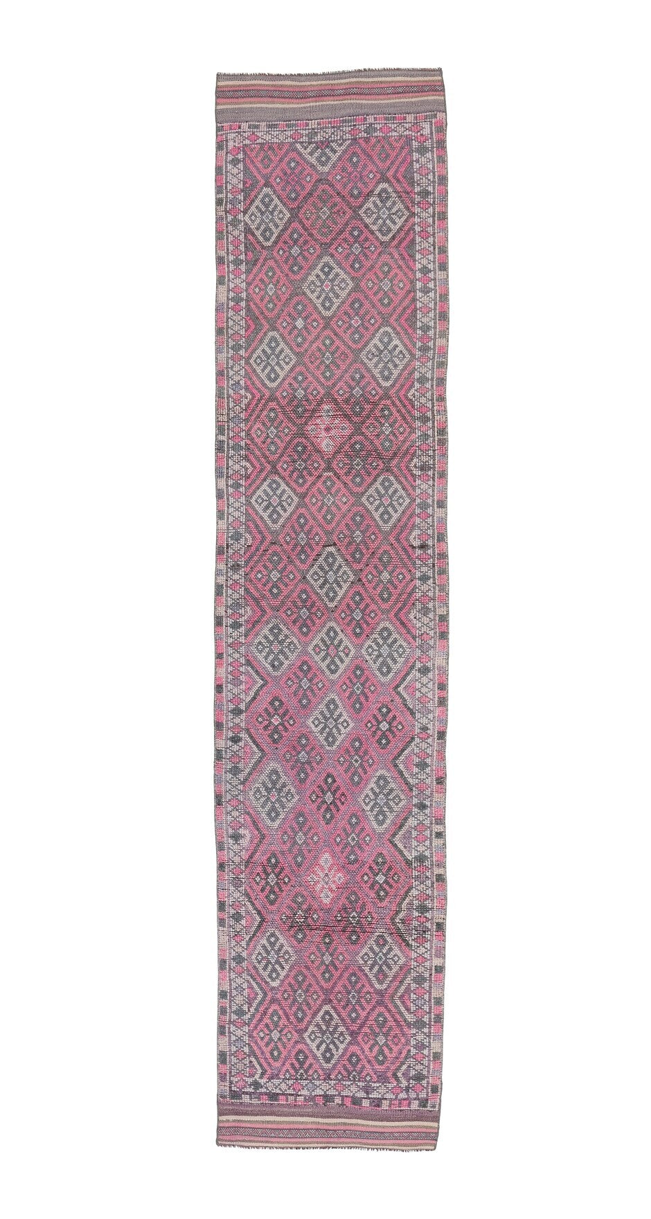 80x378 cm pembe, kırmızı ve gri ikat desenli el dokuma vintage yolluk – üstten tam görünüm
