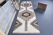 1970'lerden Anadolu kökenli geometrik desenli el dokuma vintage yolluk, 98x357 cm