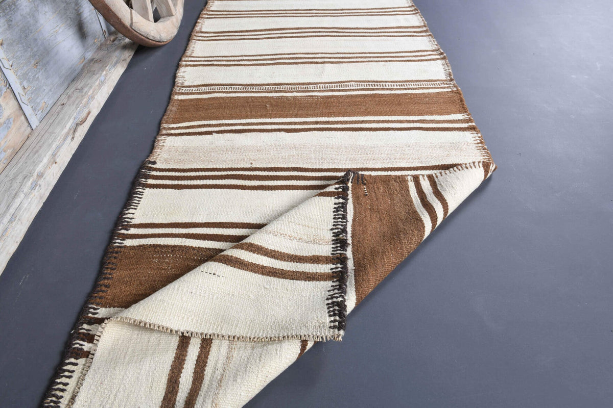 El yapımı vintage yolluk 94x366 cm çizgili desenli yün - yakın çekim doku detayı