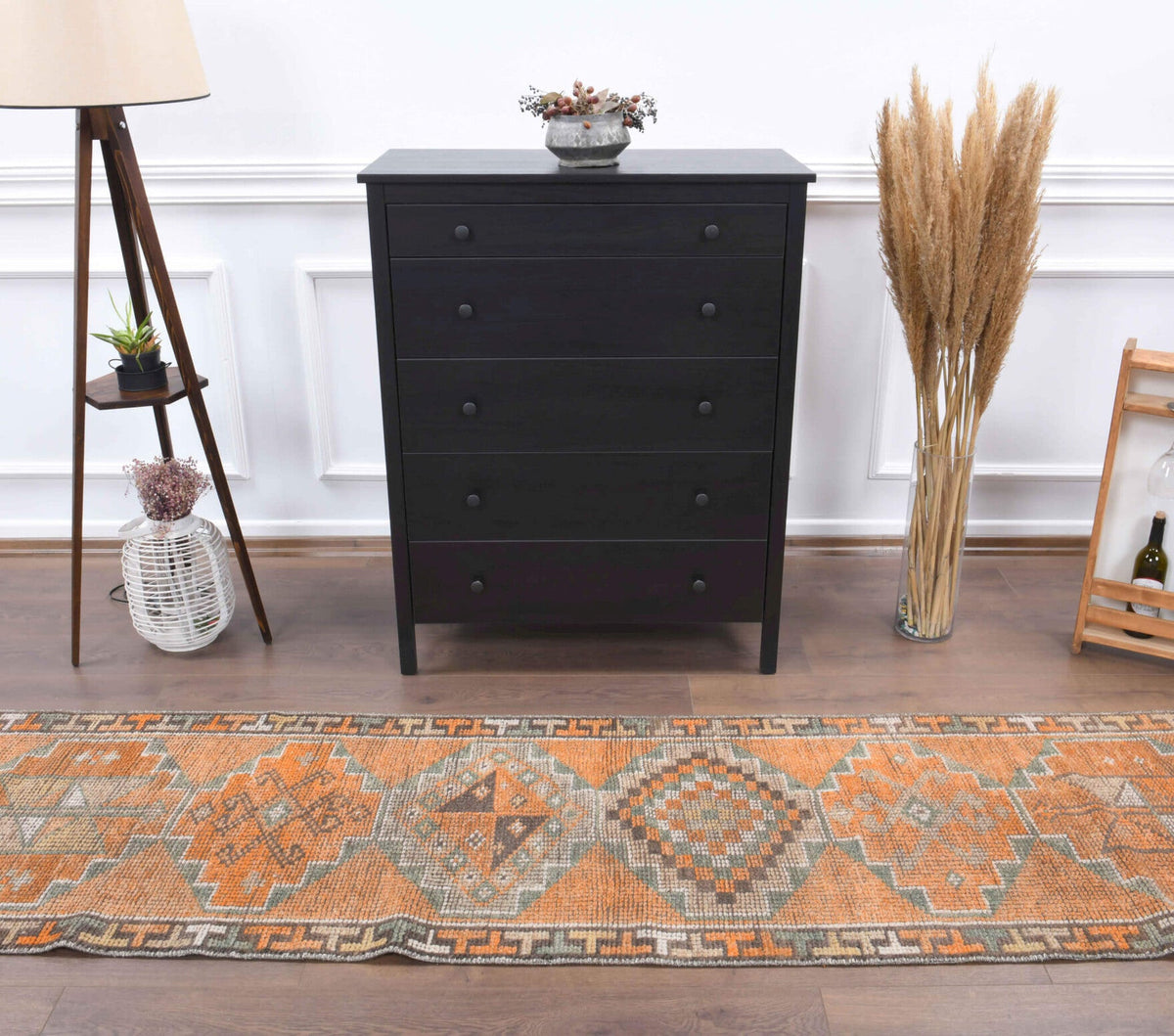 El yapımı vintage yolluk 61x335 cm oryantal desenli yün - yakın çekim doku detayı