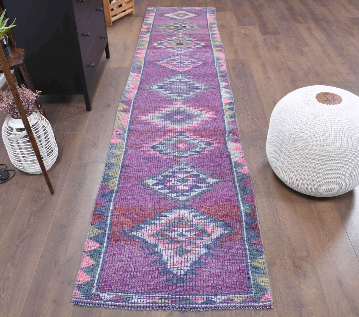 El yapımı vintage yolluk 79x353 cm geometrik desenli yün - detay görünümü