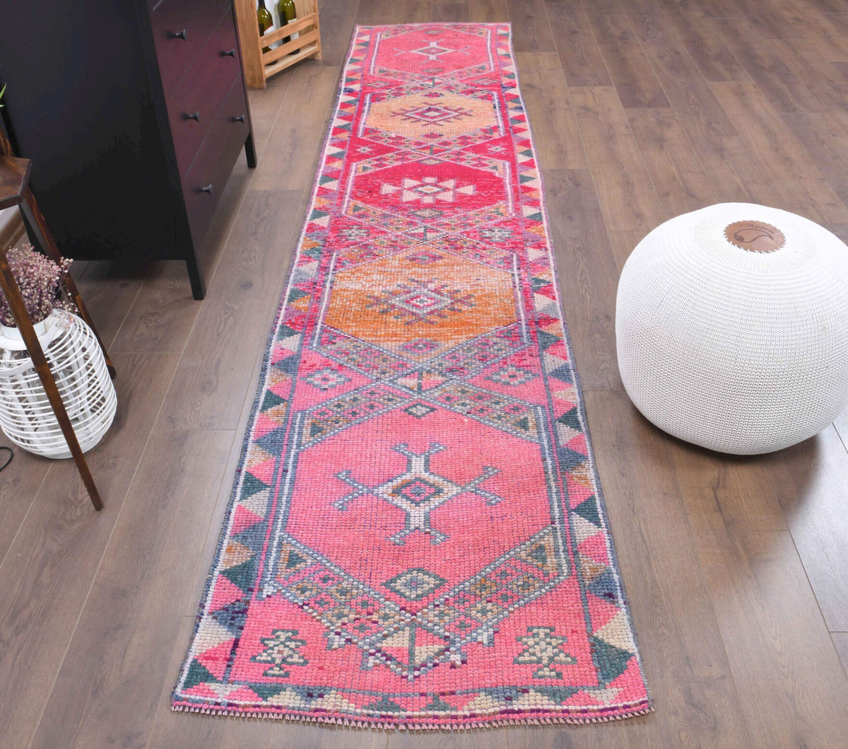 El yapımı vintage yolluk 61x335 cm oryantal desenli yün - detay görünümü