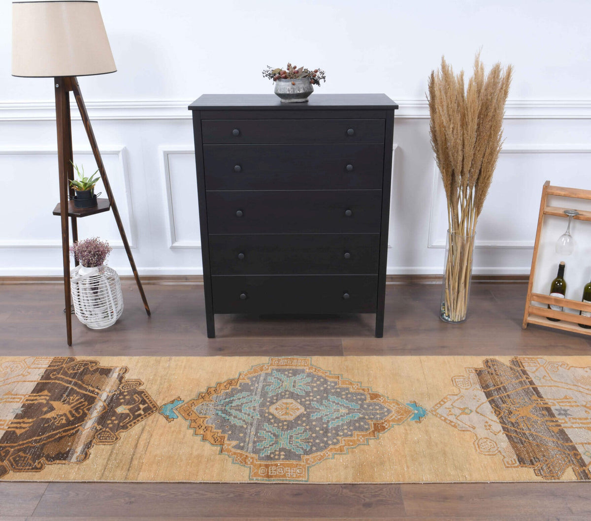 El yapımı vintage yolluk 81x353 cm tribal desenli yün - detay görünümü