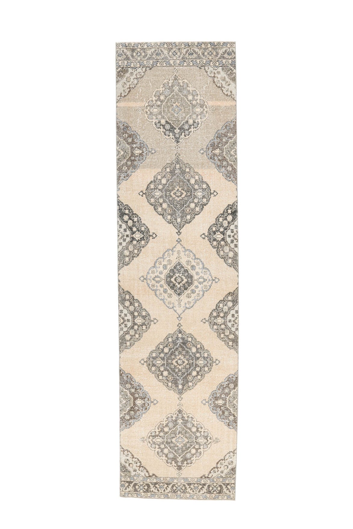 98x380 cm bej ve turuncu geometrik desenli el dokuma vintage yolluk – üstten tam görünüm