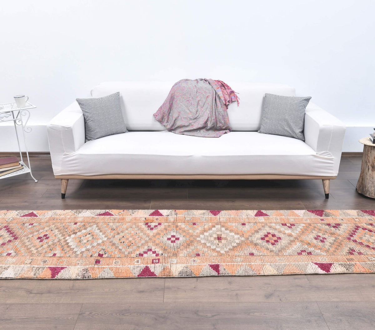 El yapımı vintage yolluk 76x391 cm geometrik desenli yün - detay görünümü
