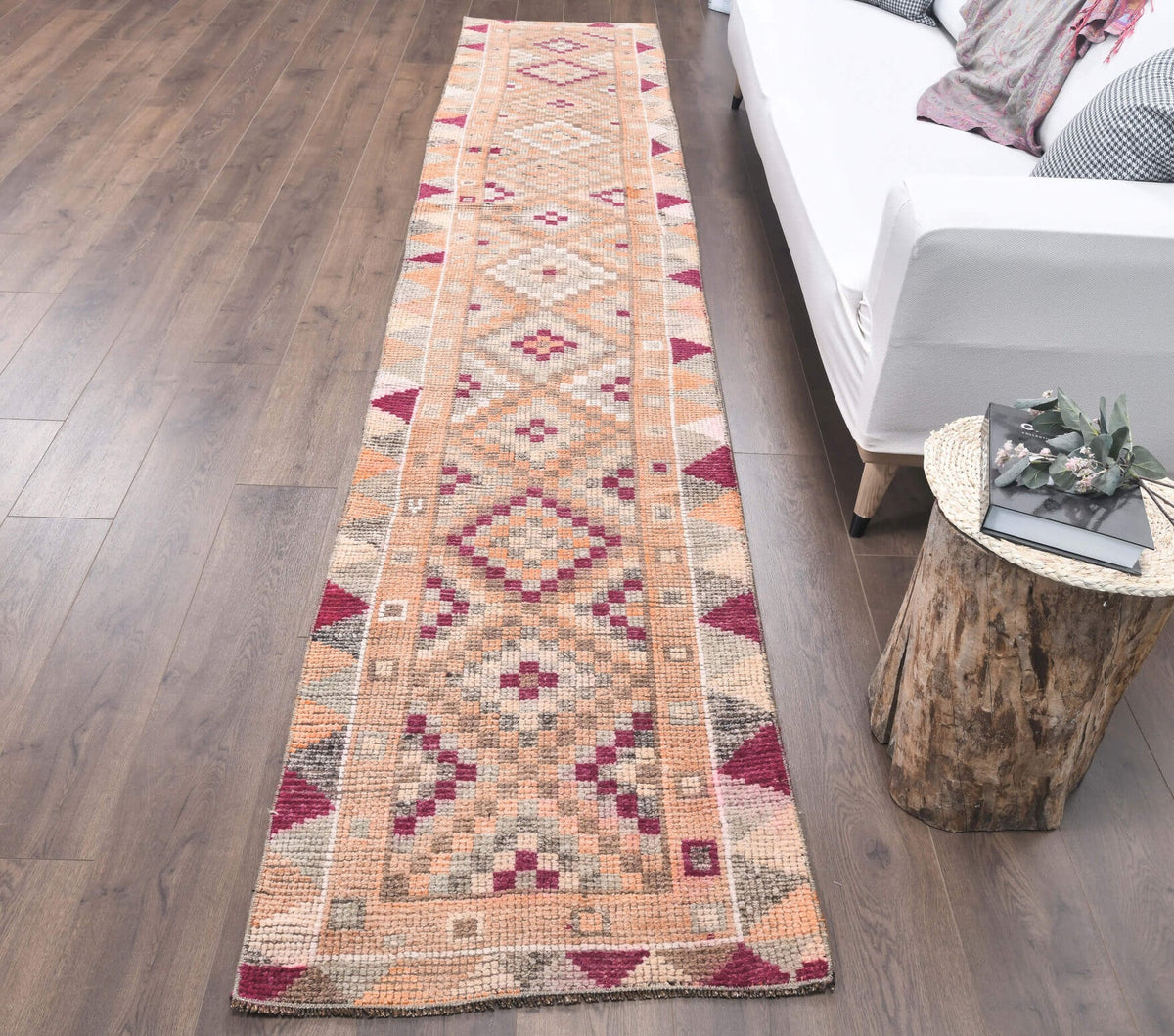 El yapımı vintage yolluk 76x391 cm geometrik desenli yün - yakın çekim doku detayı