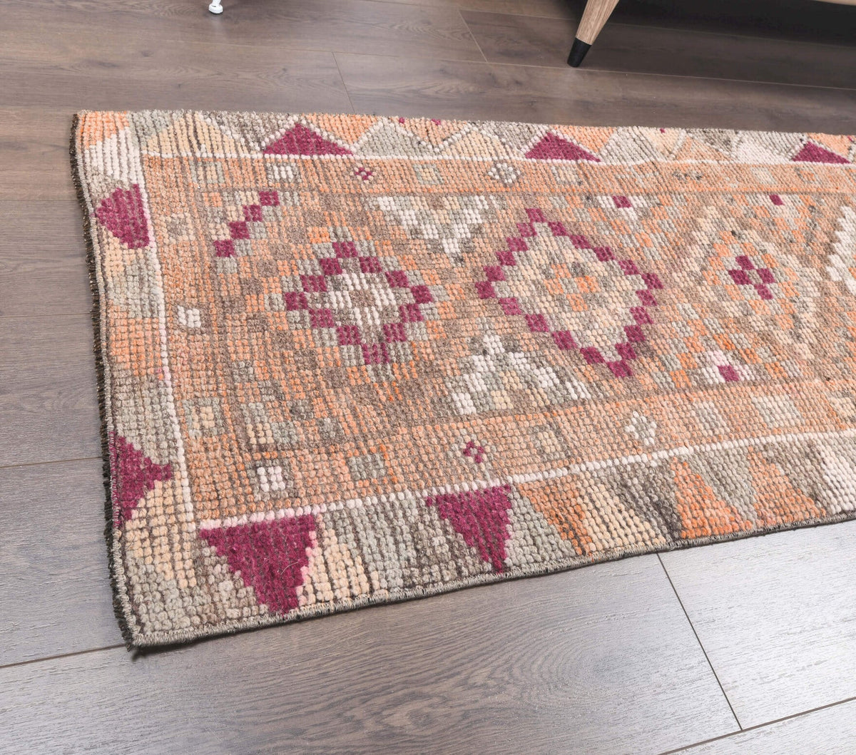 El yapımı vintage yolluk 76x391 cm geometrik desenli yün - kenar ve saçak detayı