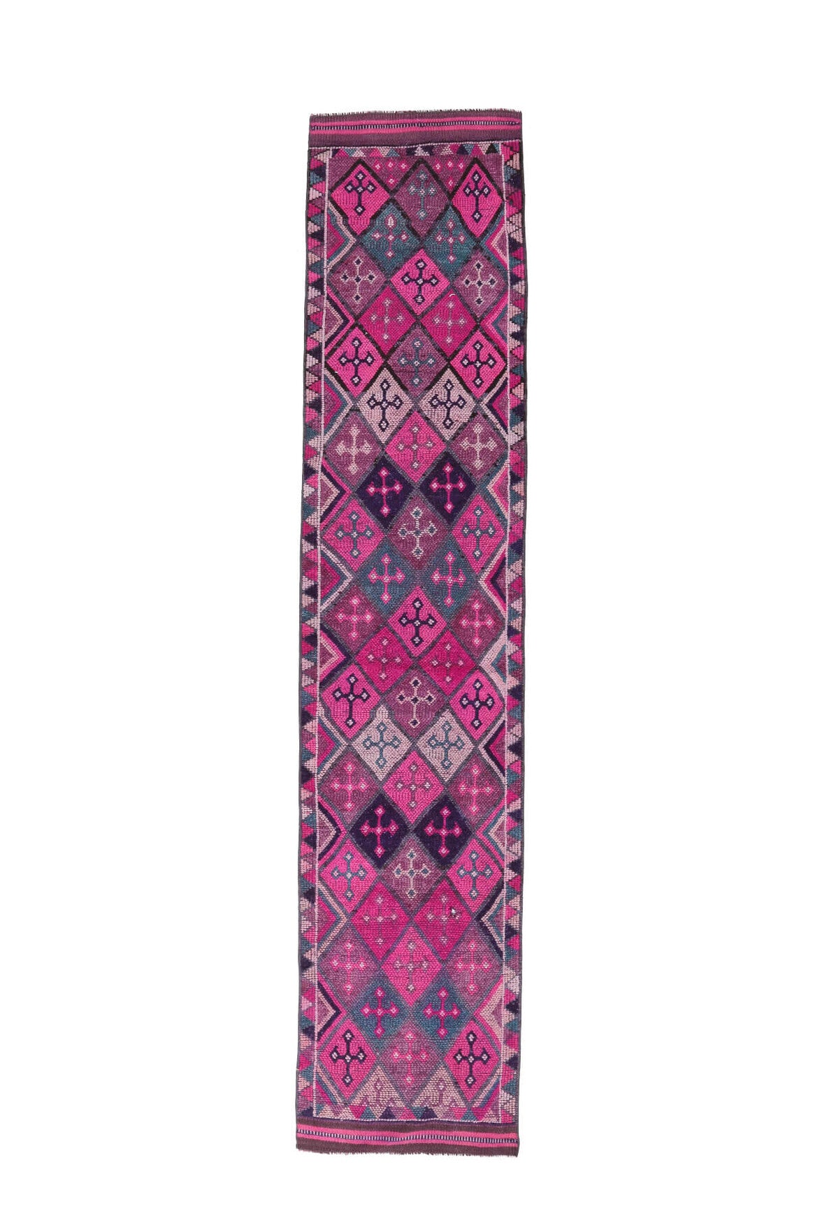 81x390 cm pembe ve mor ikat desenli el dokuma vintage yolluk – üstten tam görünüm