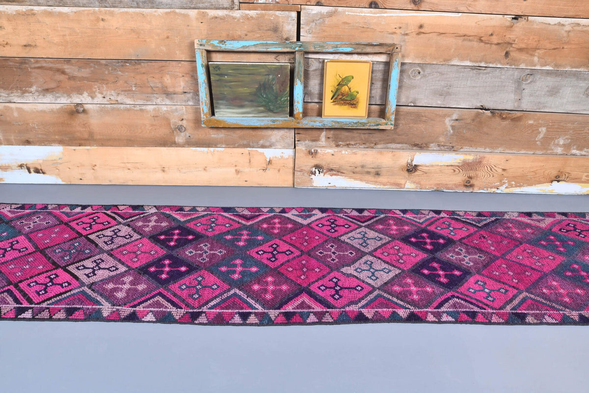 1970'lerden Anadolu kökenli ikat desenli el dokuma vintage yolluk, 81x390 cm