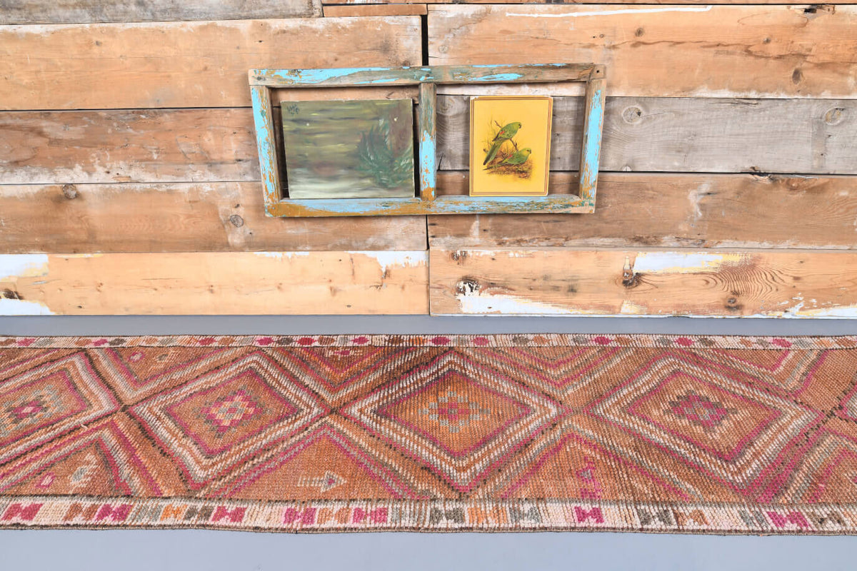 El yapımı vintage yolluk 79x384 cm geometrik desenli yün - detay görünümü