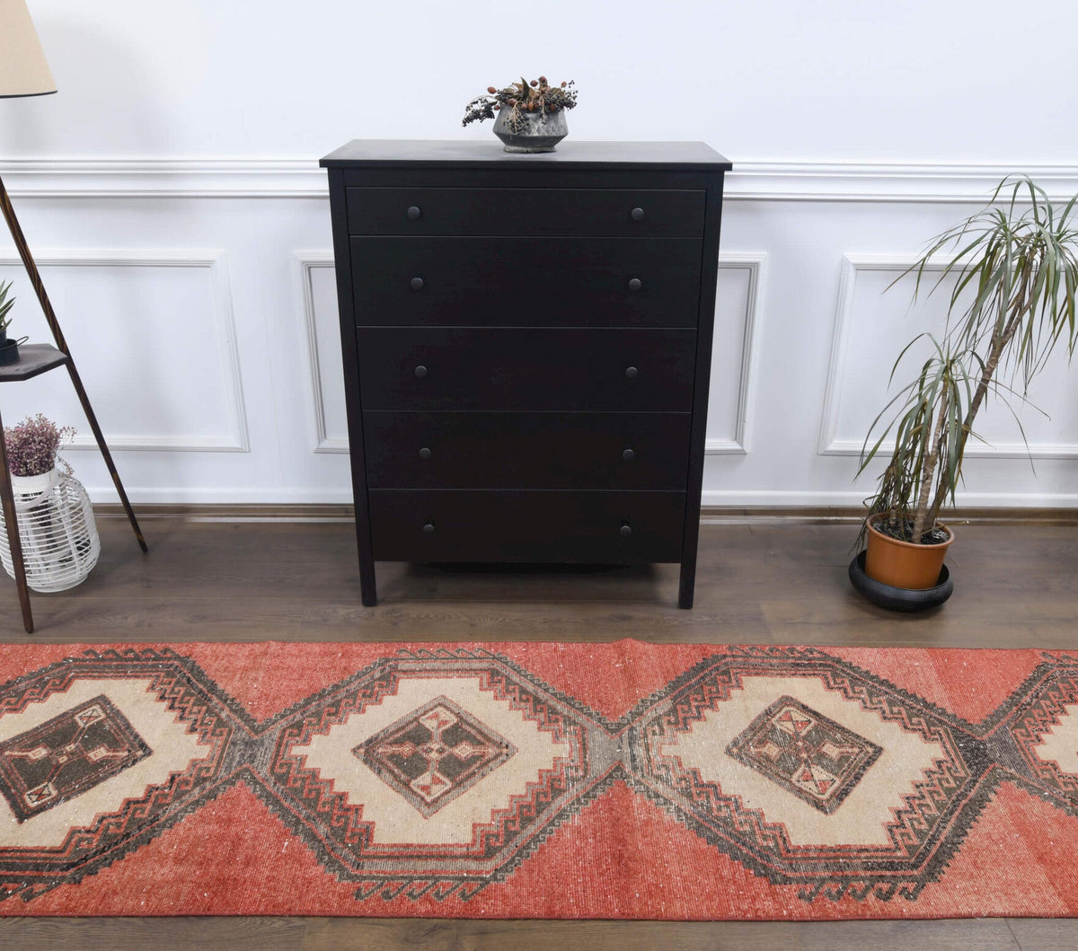 El yapımı vintage yolluk 81x381 cm i̇kat desenli yün - detay görünümü