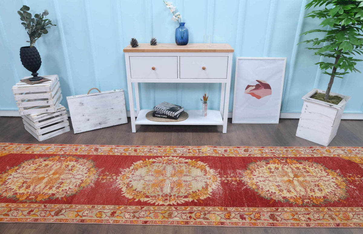 El yapımı vintage yolluk 94x396 cm oryantal desenli yün - yakın çekim doku detayı