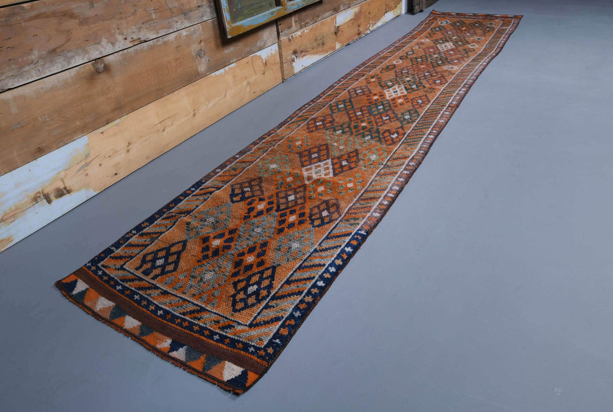 80x400 cm mavi ve kahverengi ikat desenli el dokuma vintage yolluk – üstten tam görünüm