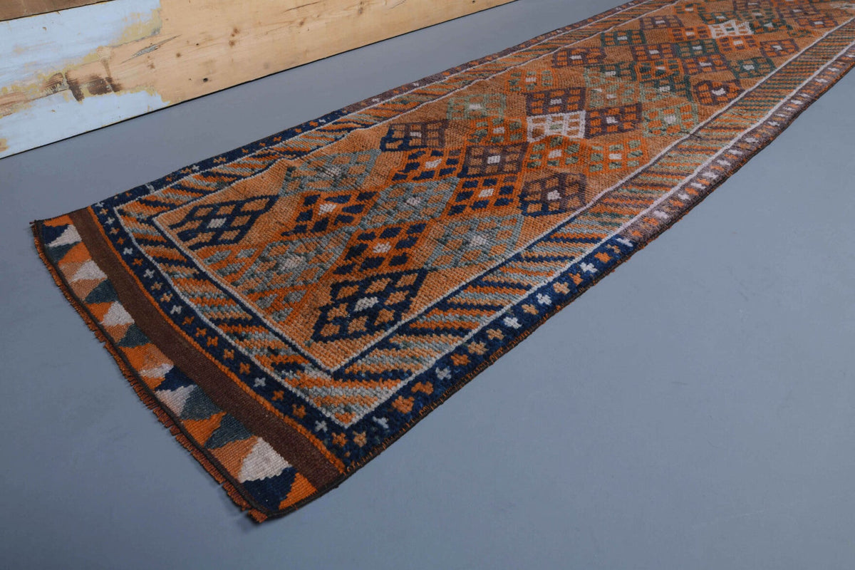 El yapımı vintage yolluk 79x399 cm i̇kat desenli yün - yakın çekim doku detayı