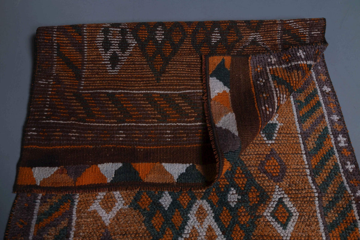 Mavi ve kahverengi renkli el dokuma vintage yolluk, yün hav, pamuk taban