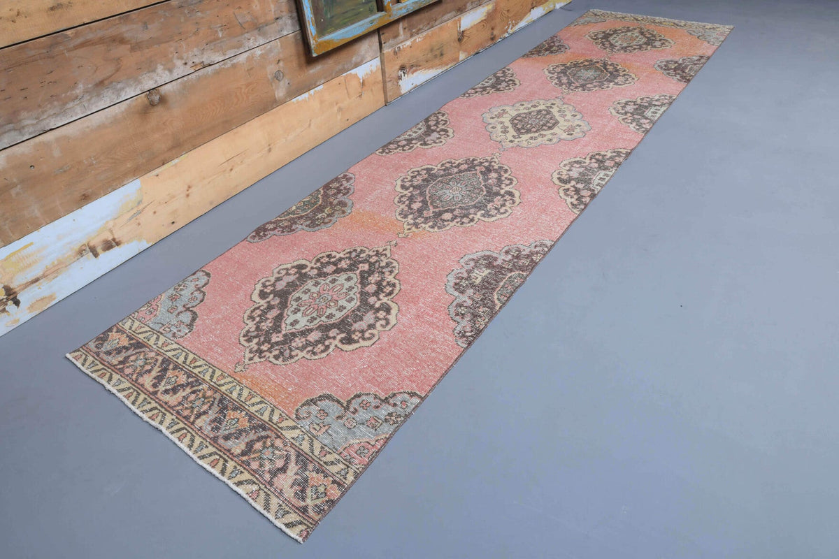 96x392 cm mavi ve turuncu oryantal desenli el dokuma vintage yolluk – üstten tam görünüm