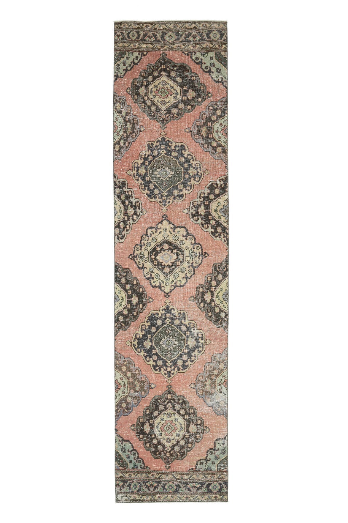 90x387 cm kahverengi, turuncu ve bej oryantal desenli el dokuma vintage yolluk – üstten tam görünüm