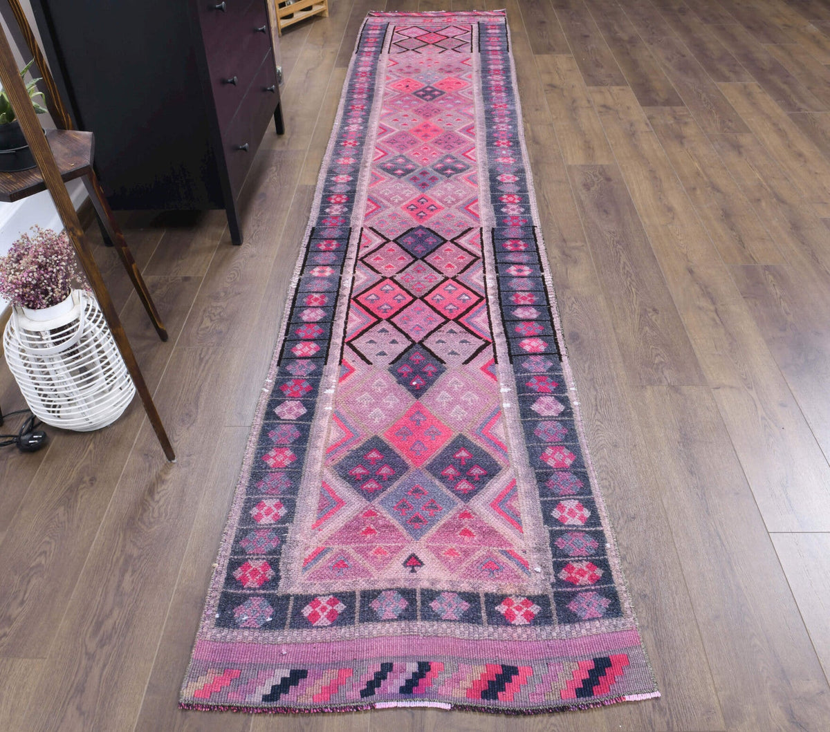 El yapımı vintage yolluk 61x396 cm bordürlü desenli yün - detay görünümü