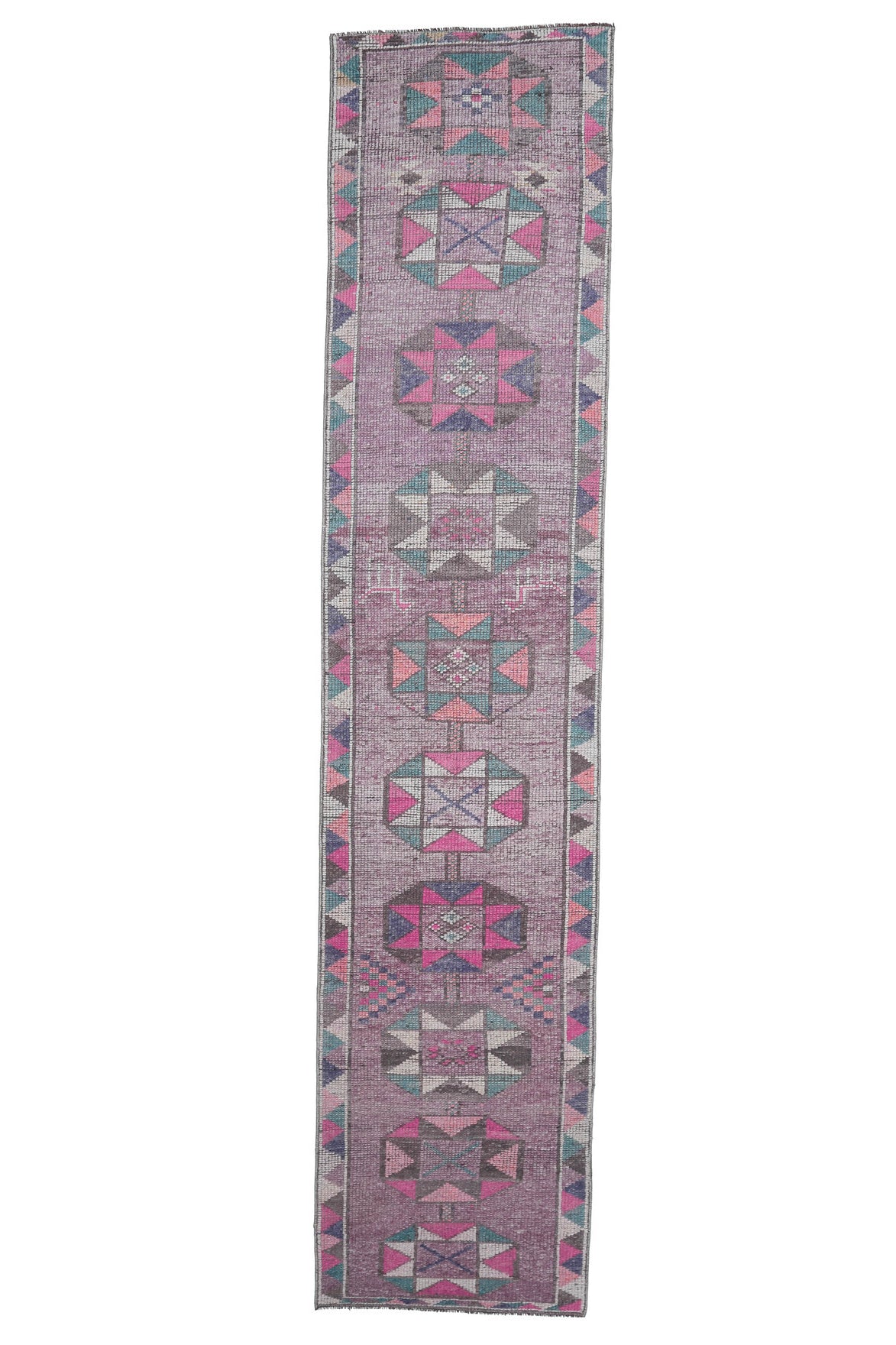 80x387 cm pembe, gri ve mor geometrik desenli el dokuma vintage yolluk – üstten tam görünüm
