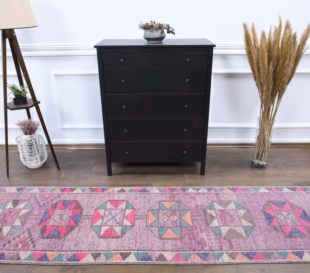 El yapımı vintage yolluk 61x366 cm geometrik desenli yün - detay görünümü