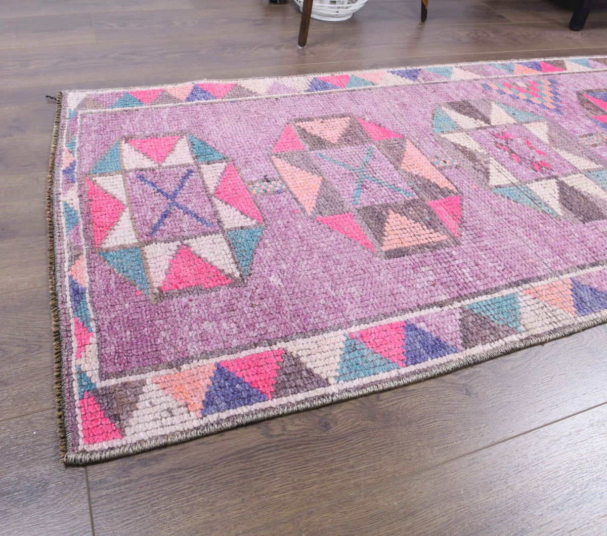 Antre ve koridor için geometrik desenli el dokuma vintage yolluk – 80x387 cm