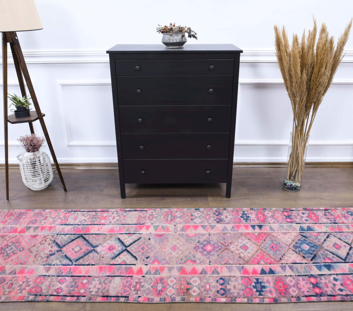 El yapımı vintage yolluk 61x396 cm i̇kat desenli yün - yakın çekim doku detayı