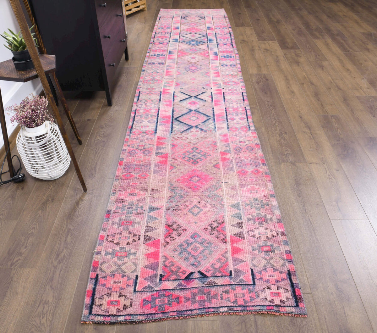 El yapımı vintage yolluk 61x396 cm i̇kat desenli yün - detay görünümü