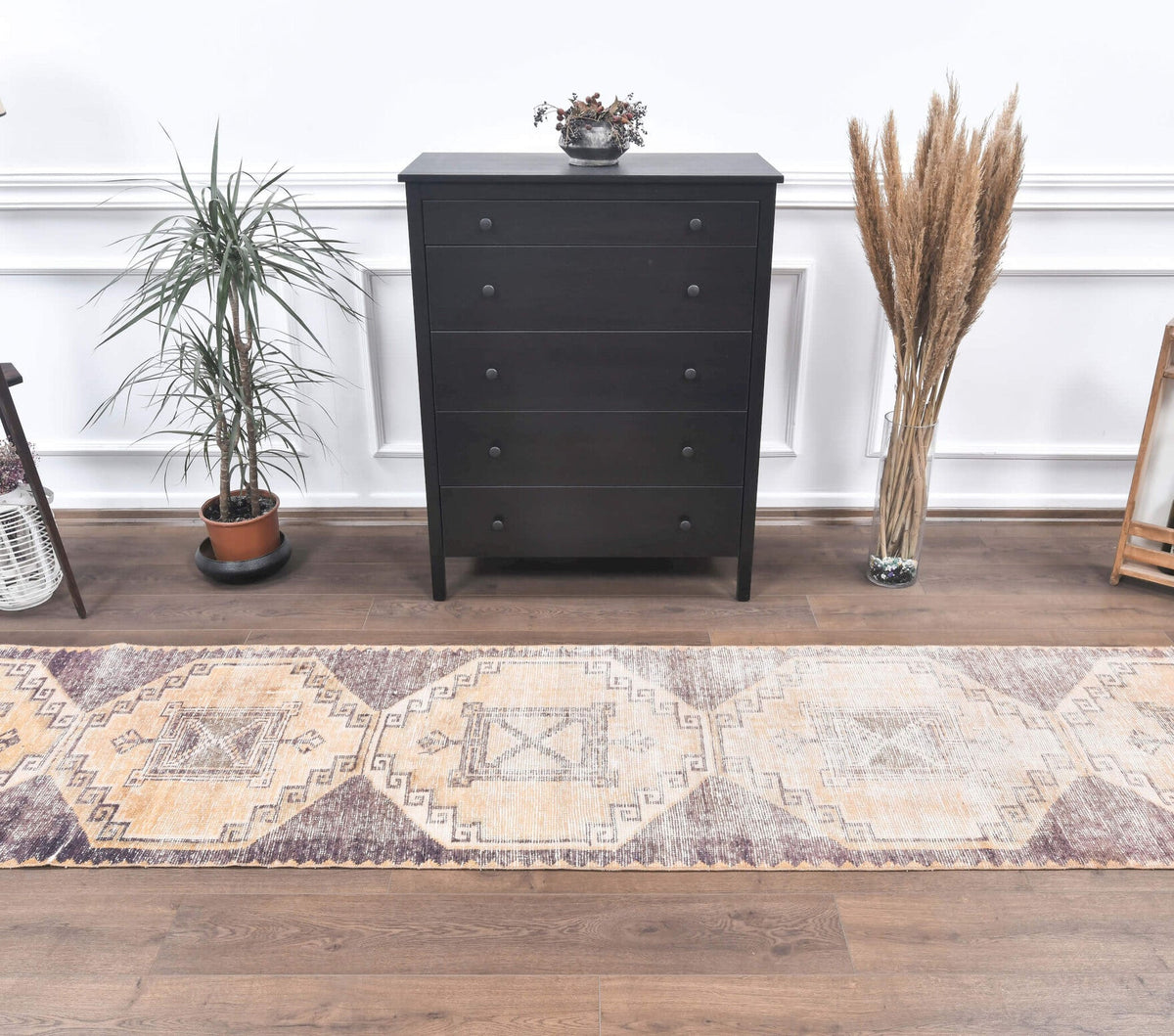 El yapımı vintage yolluk 79x386 cm geometrik desenli yün - detay görünümü
