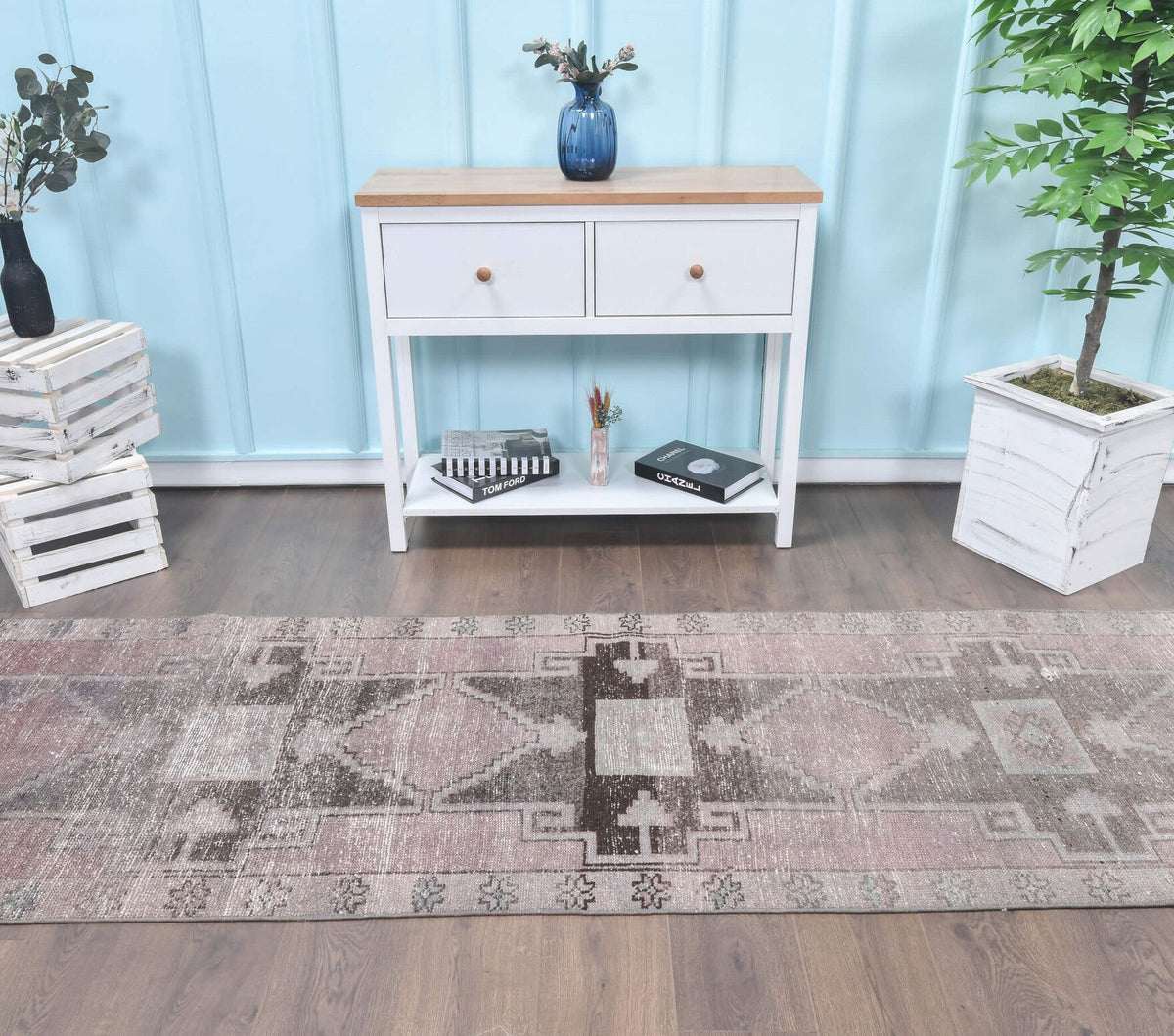 Antre ve koridor için geometrik desenli el dokuma vintage yolluk – 88x390 cm
