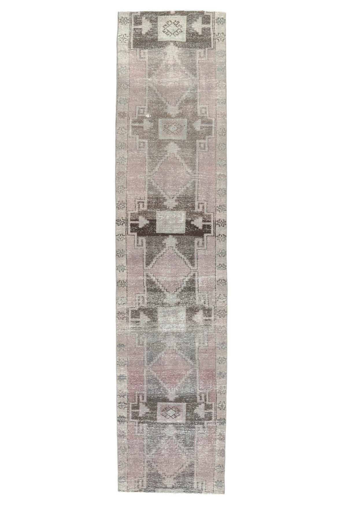 88x390 cm bej ve gri geometrik desenli el dokuma vintage yolluk – üstten tam görünüm