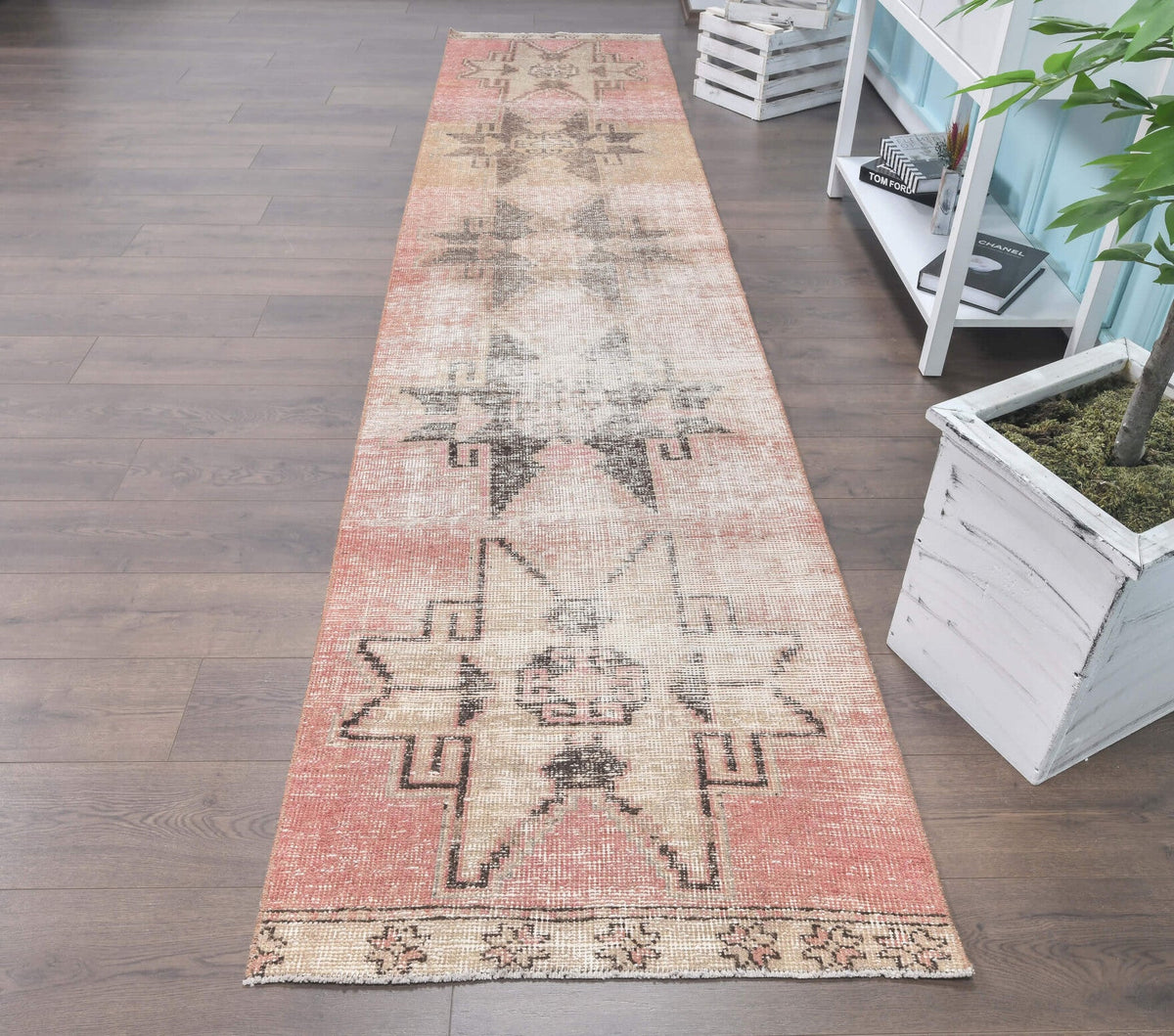 El yapımı vintage yolluk 81x384 cm geometrik desenli yün - detay görünümü