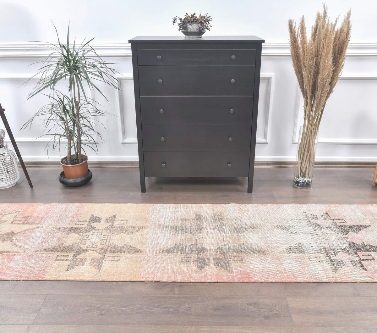 El yapımı vintage yolluk 81x384 cm geometrik desenli yün - yakın çekim doku detayı