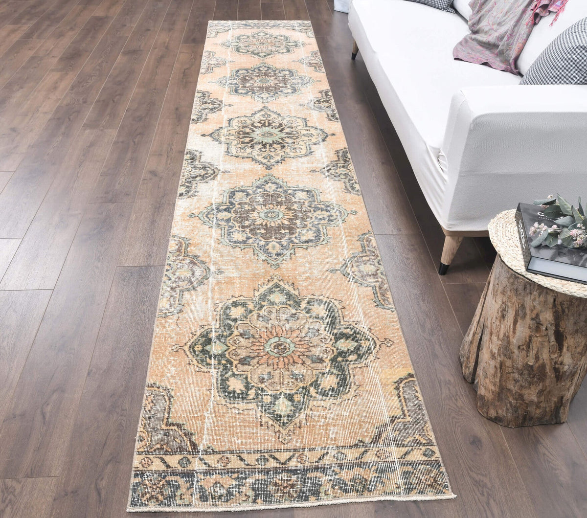 El yapımı vintage yolluk 79x381 cm i̇kat desenli yün - yakın çekim doku detayı