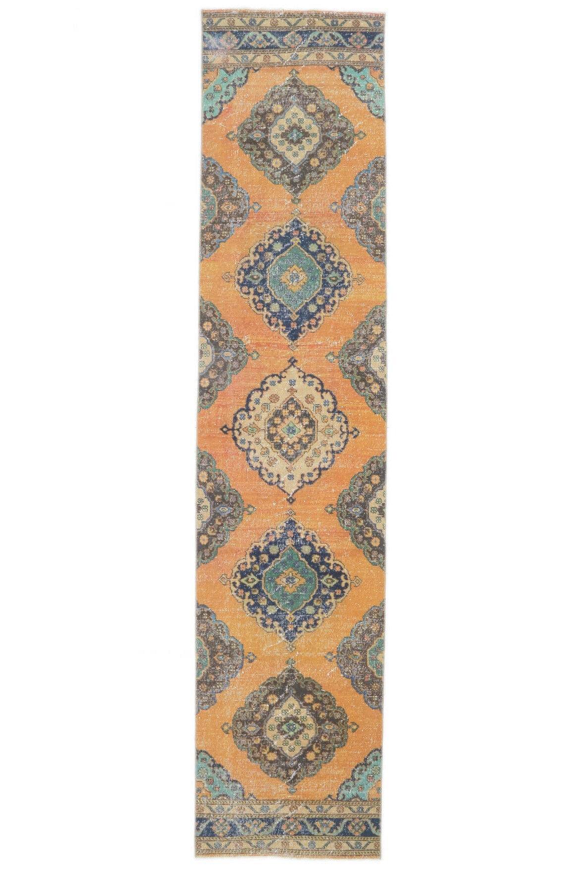 85x383 cm turuncu, kahverengi ve bej ikat desenli el dokuma vintage yolluk – üstten tam görünüm