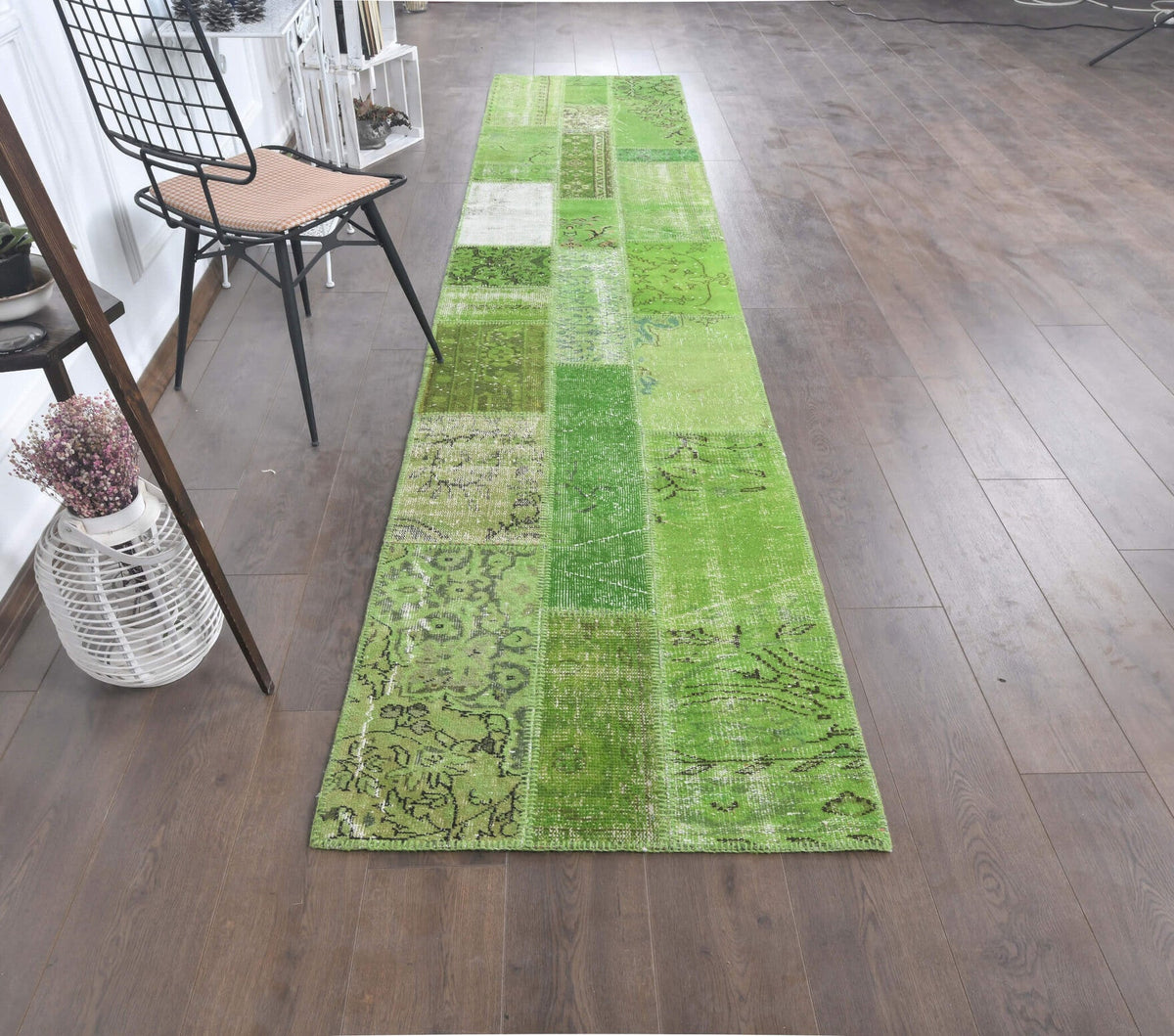 3x13 Vintage Patchwork Green Overdyed Rug Runner