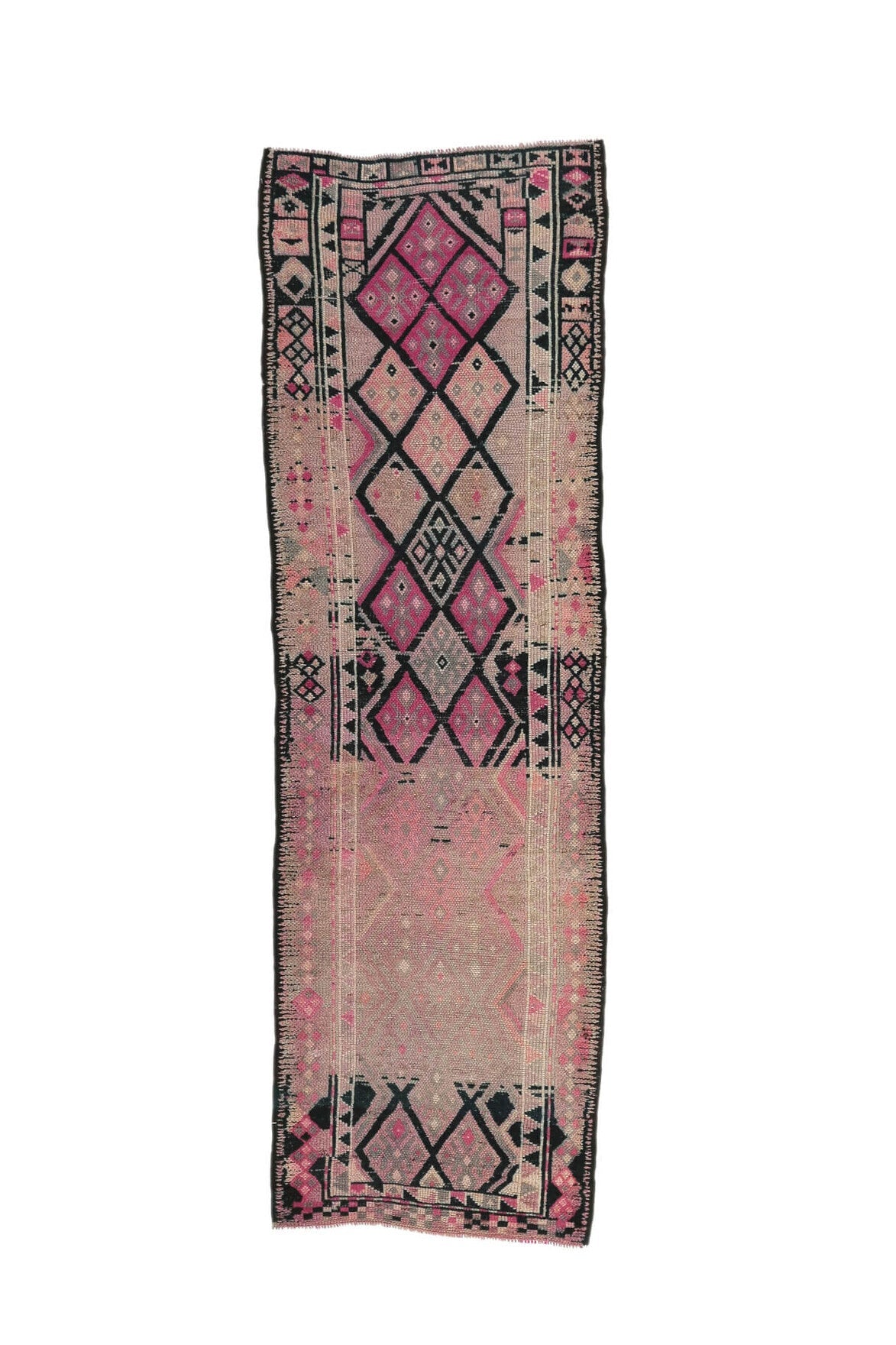 85x385 cm kırmızı, turuncu ve pembe geometrik desenli el dokuma vintage yolluk – üstten tam görünüm