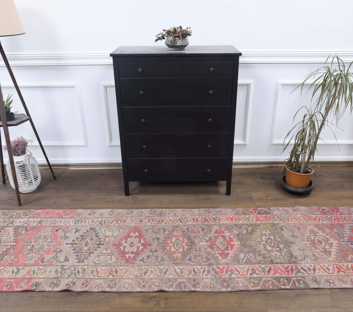 El yapımı vintage yolluk 79x411 cm geometrik desenli yün - yakın çekim doku detayı