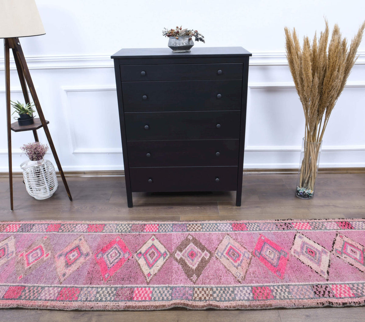 El yapımı vintage yolluk 61x427 cm geometrik desenli yün - yakın çekim doku detayı