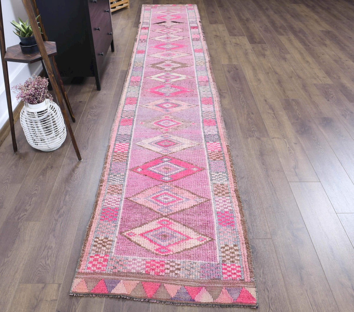 El yapımı vintage yolluk 61x427 cm geometrik desenli yün - detay görünümü