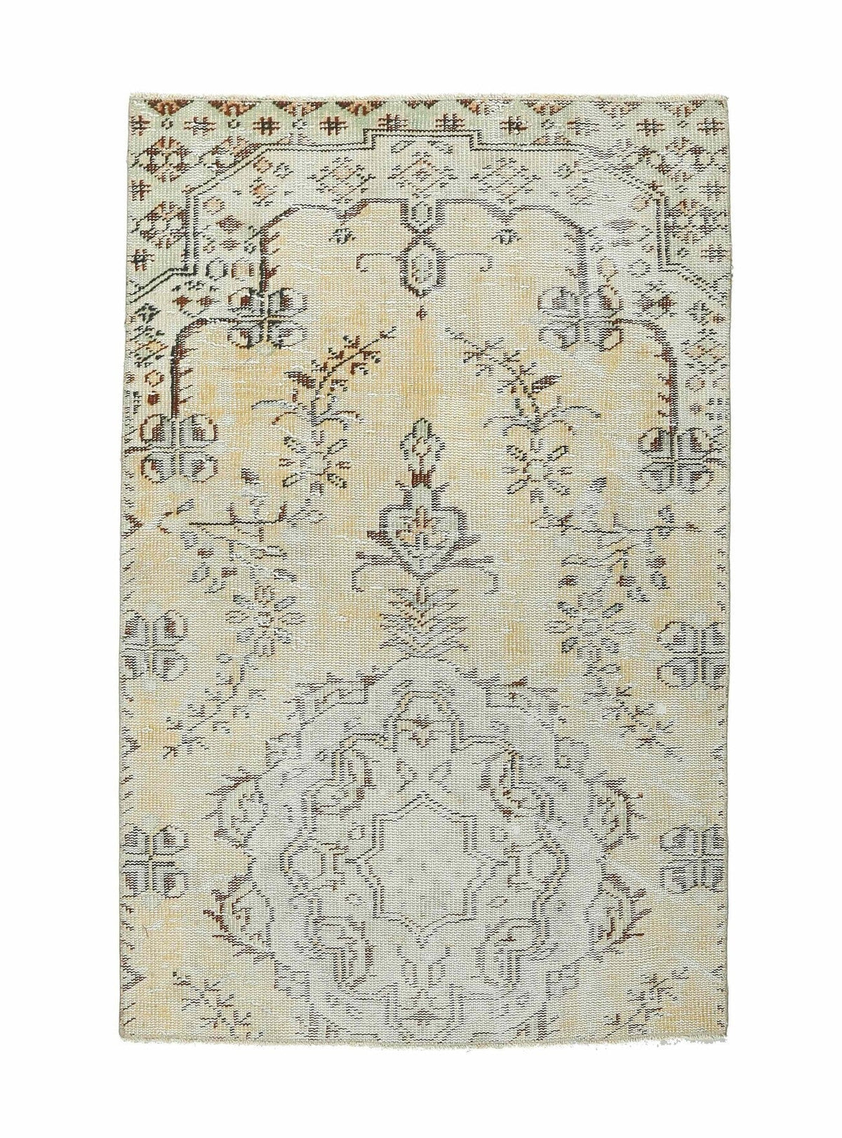 95x150 cm bej ve gri çiçek desenli el dokuma vintage halı – üstten tam görünüm